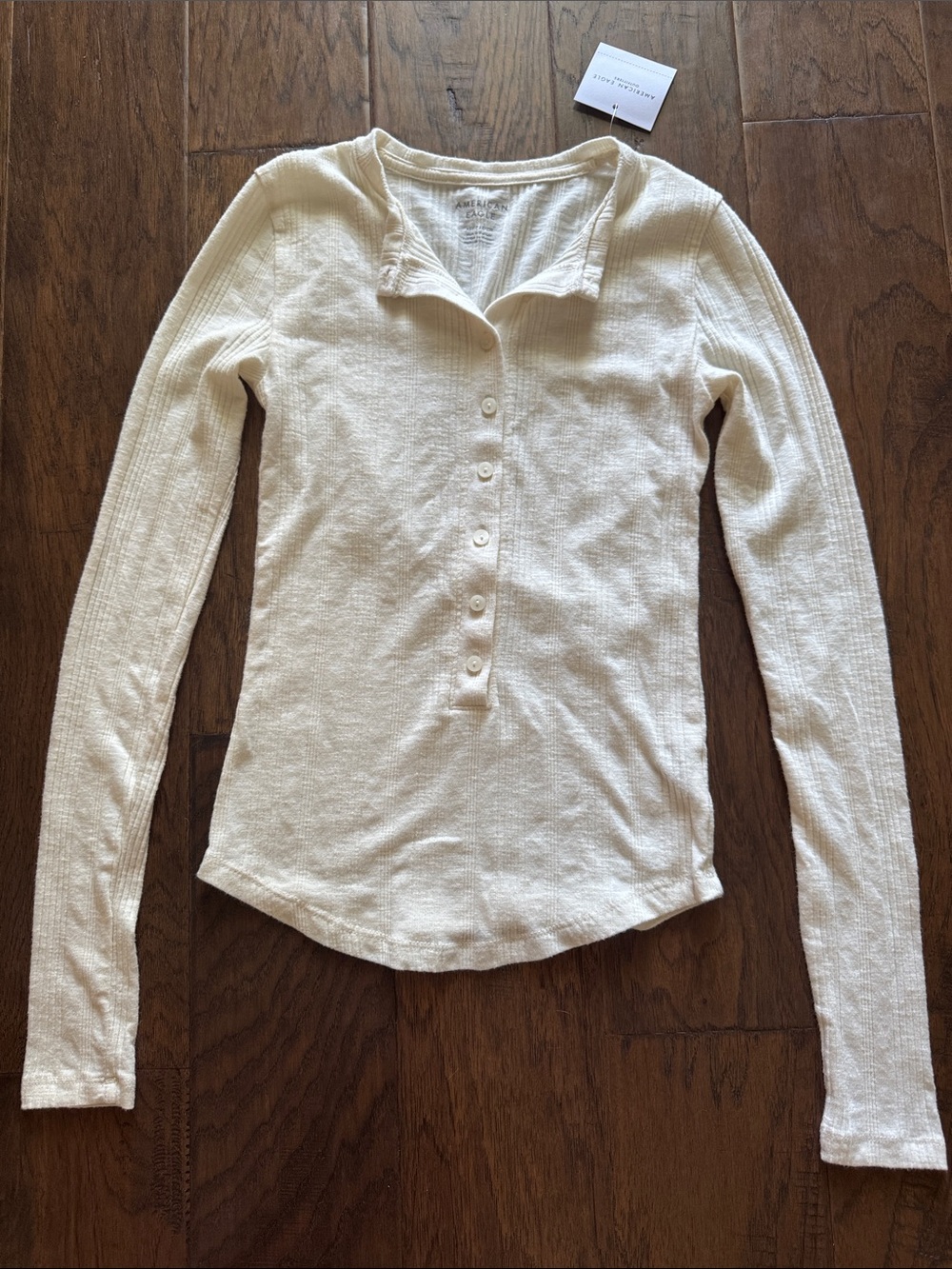 American Eagle Outfitters Cream Ribbed Long-Sleeve Henley